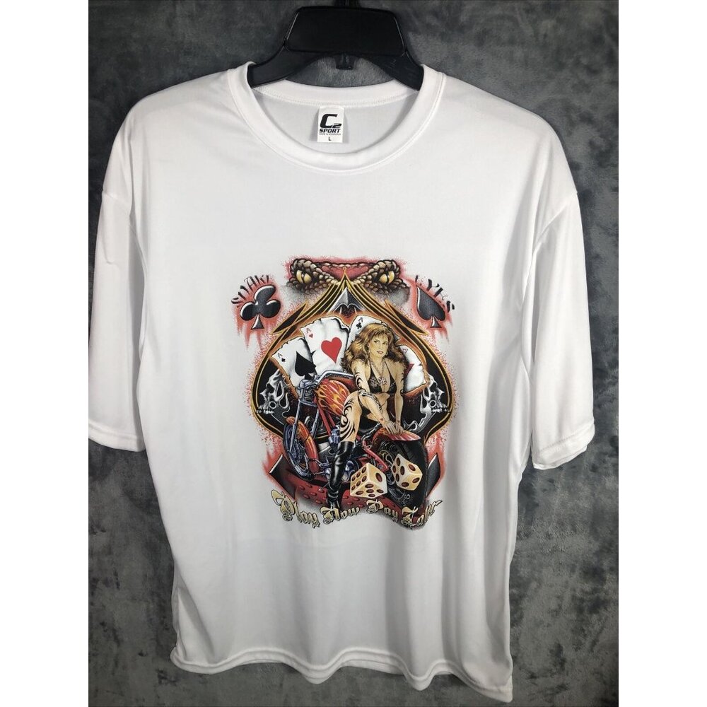 Men's T-Shirt Play Now Pay Later Bike Gambling Cards Hot Girl Shirt White Bikers